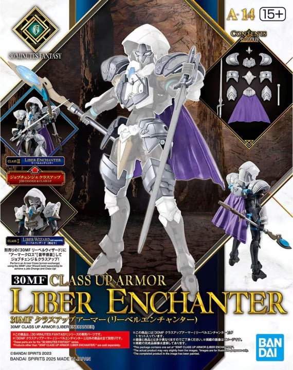 Boxed figure of Liber Enchanter with detailed armor and accessories on a dark background