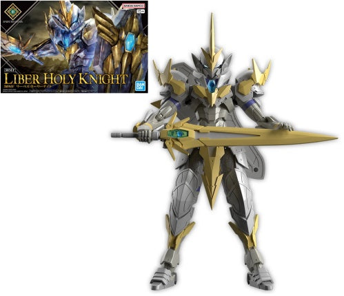 A plastic model kit of a fantasy knight character with silver and gold parts, holding a sword.