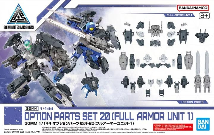 Bandai Option Parts Set 20 for Full Armor Unit 1 with toy figure and parts on a white background