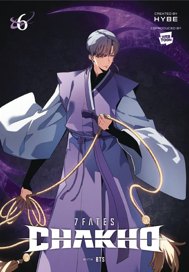 Cover of '7 Fates Chakho GN Vol 06' featuring an illustration of a character in a traditional Korean outfit, with purple and white colors prominent in the artwork.