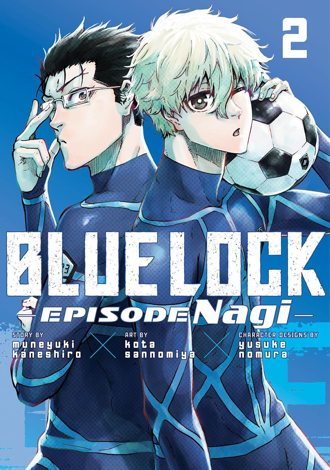 Cover of the manga 'BLUE LOCK EPISODE NAGI GN VOL 02' featuring two male characters in soccer attire, with one looking contemplatively at the other who is holding a soccer ball.
