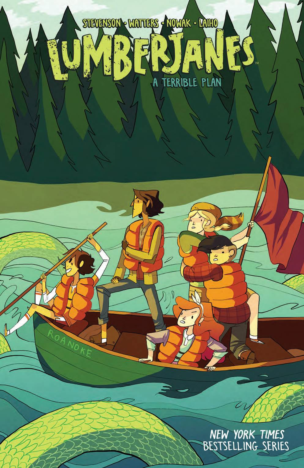 Book cover of 'Lumberjanes' with four characters in a boat on a river, surrounded by trees.
