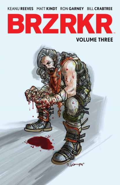 Cover of BRZRKR Trade Paperback Vol. 03 featuring an illustrated character with blood and battle damage, indicating a violent or action-packed scene.