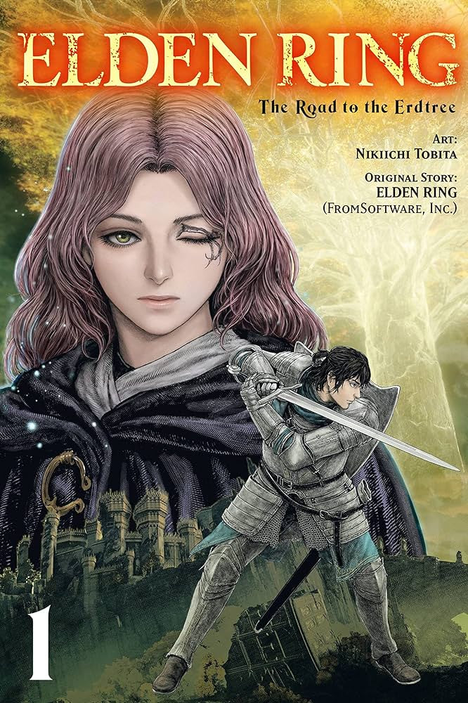 Cover of 'Elden Ring: The Road to the Erdtree (Paperback) Vol. 01' featuring illustrated characters from the game in a dramatic pose against a dark, fantasy-themed backdrop.