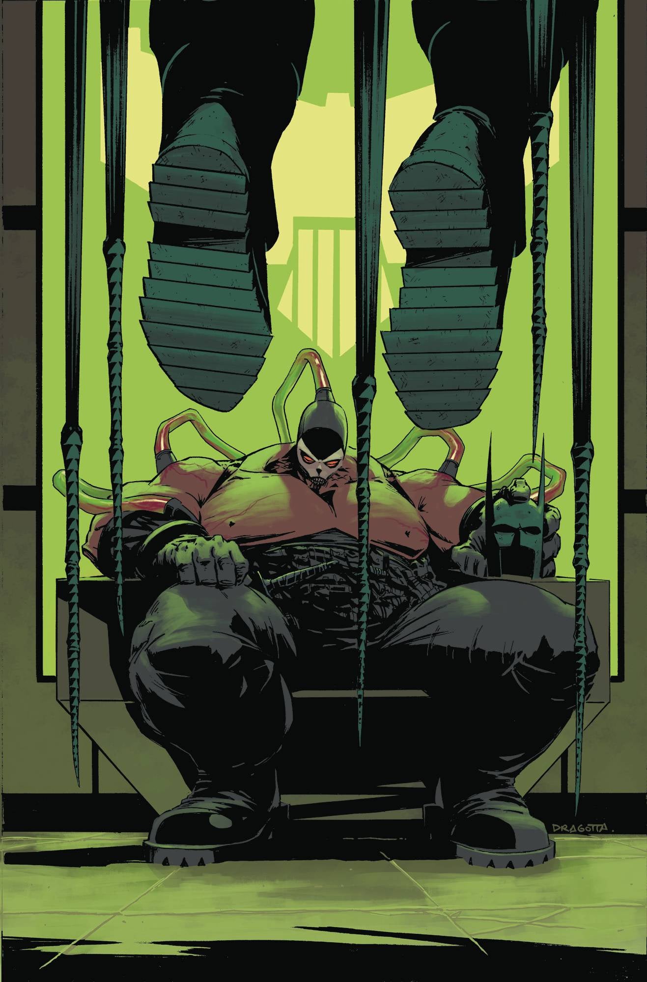 Comic book cover with a character in a caged position, green background