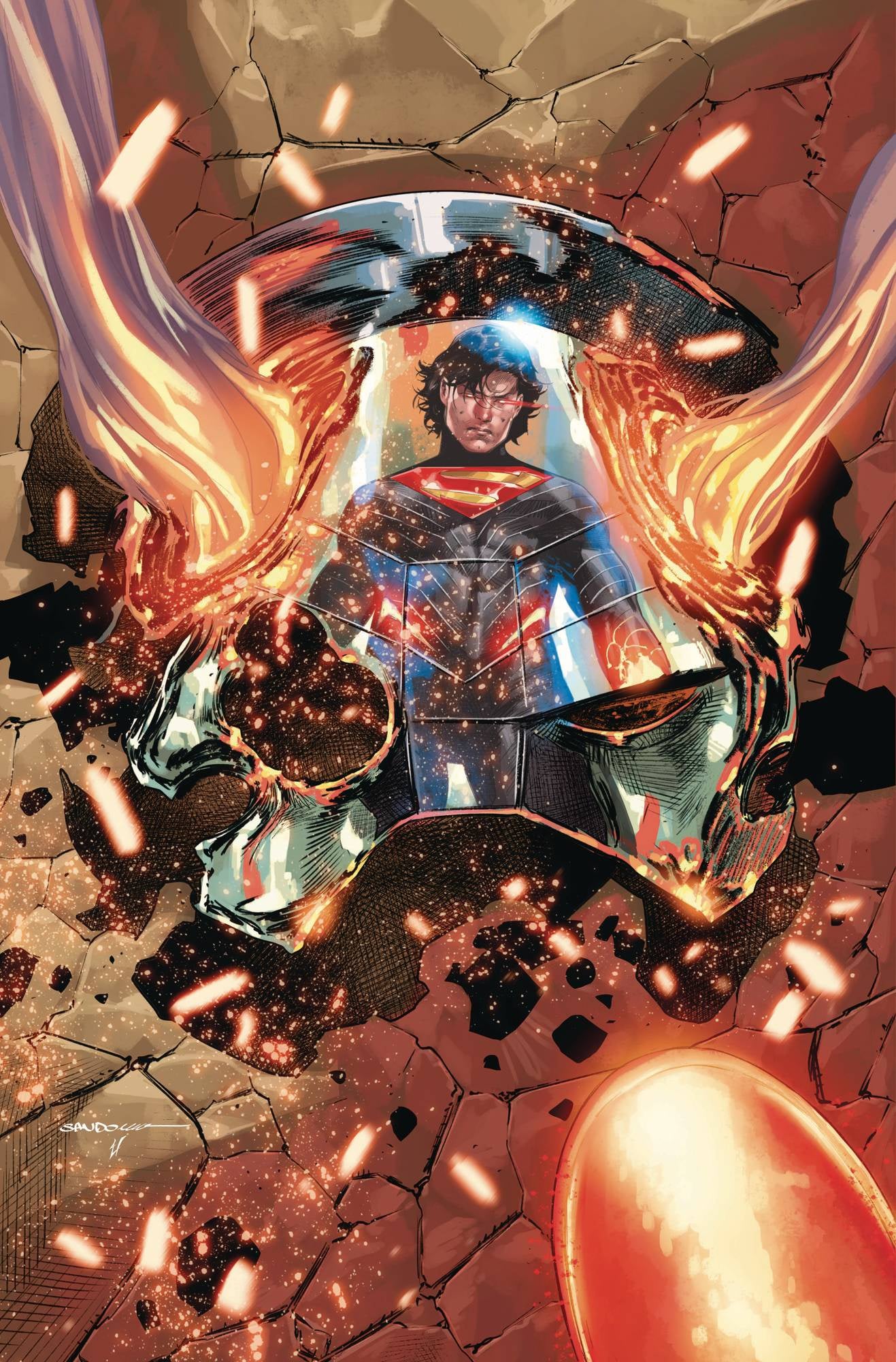 Superman character in a dynamic pose with fiery effects on a cracked background