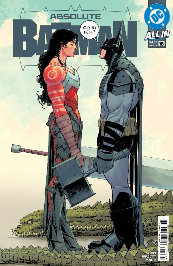 Comic book cover featuring a superhero and a woman with a weapon, titled 'Absolute Batman'.