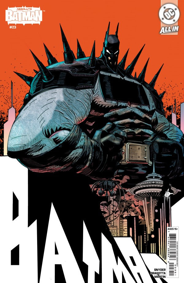 Batman comic book cover featuring Batman crouching behind a large whale, with an orange sky and city skyline in the background. The DC Comics logo and Batman logo are visible in the top corners.