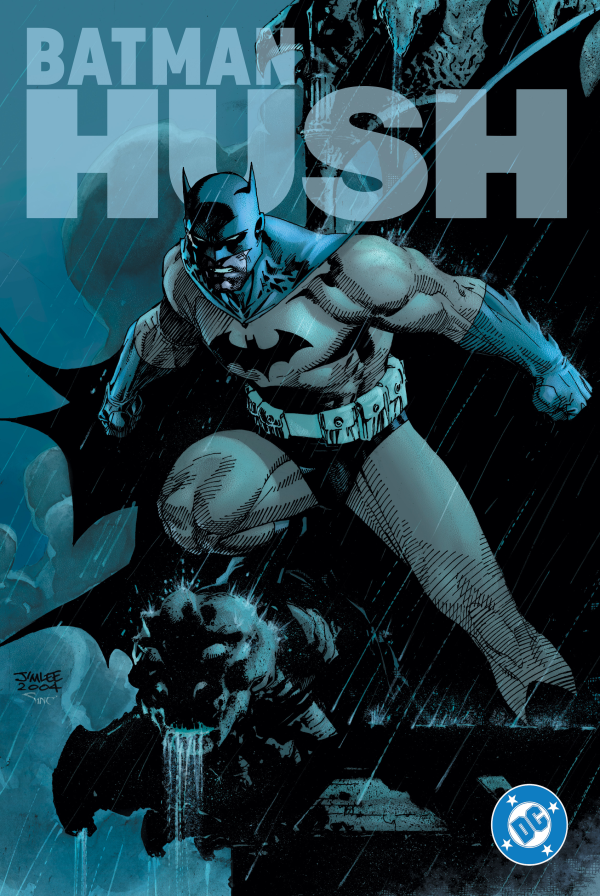 Batman in a dynamic pose with 'Hush' text and DC logo on a blue background