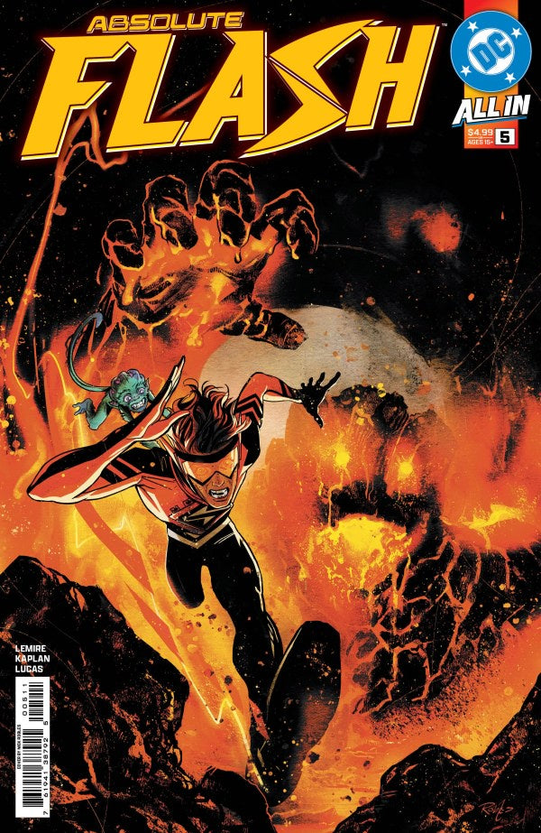 Comic book cover featuring a superhero in action with fiery background