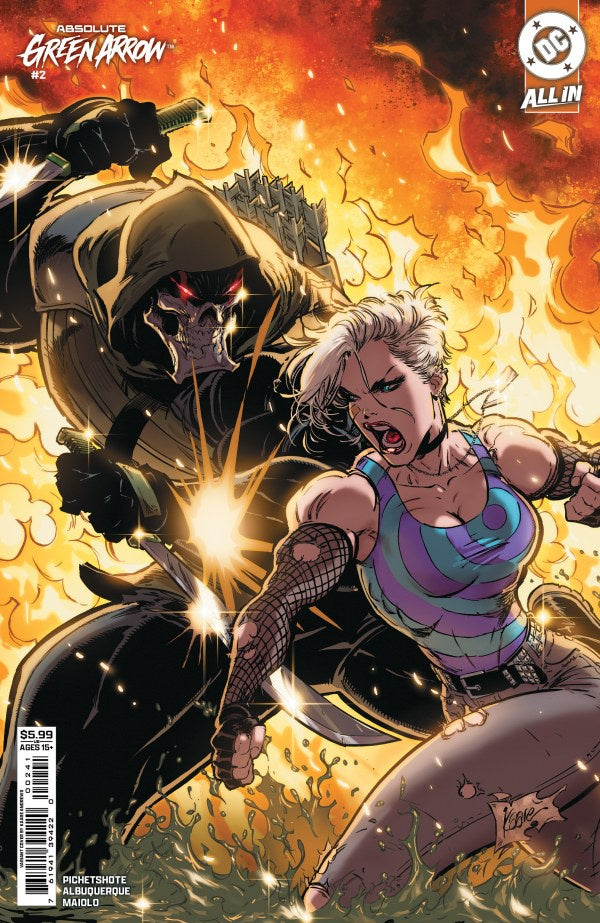 Comic book cover featuring a character in a black suit and another in a colorful outfit with fiery background