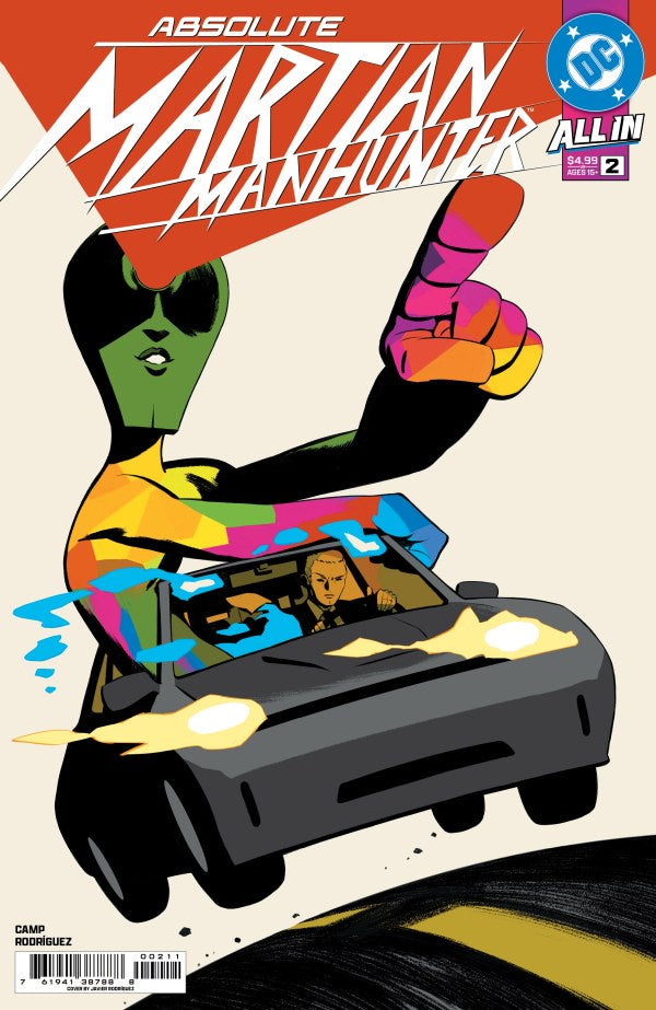 Comic book cover featuring Martian Manhunter driving a car with a colorful design.