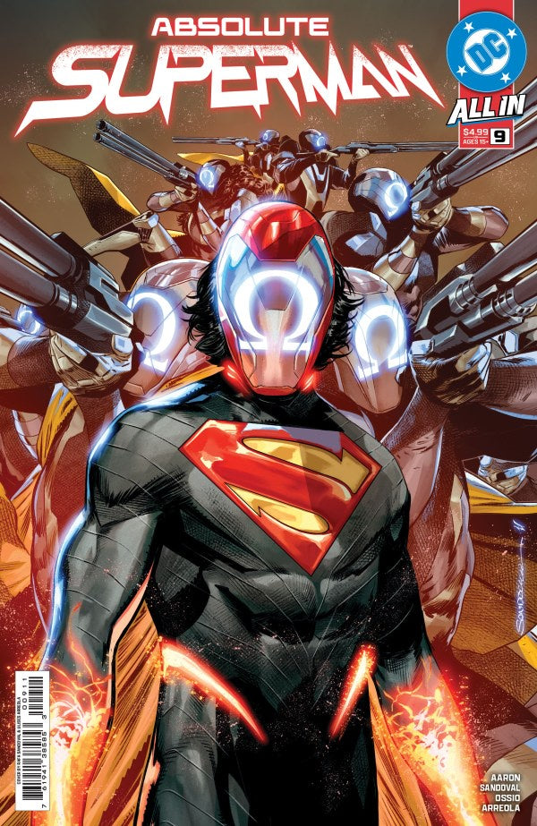 Comic book cover featuring a superhero in a black suit with red and yellow accents, holding weapons.
