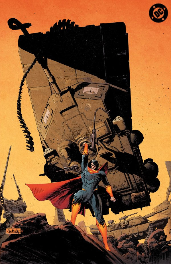 Superman lifting a large aircraft with a DC Comics logo in the corner