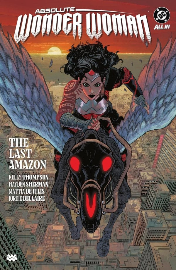 Comic book cover of 'Absolute Wonder Woman: The Last Amazon' with a superhero character and cityscape.