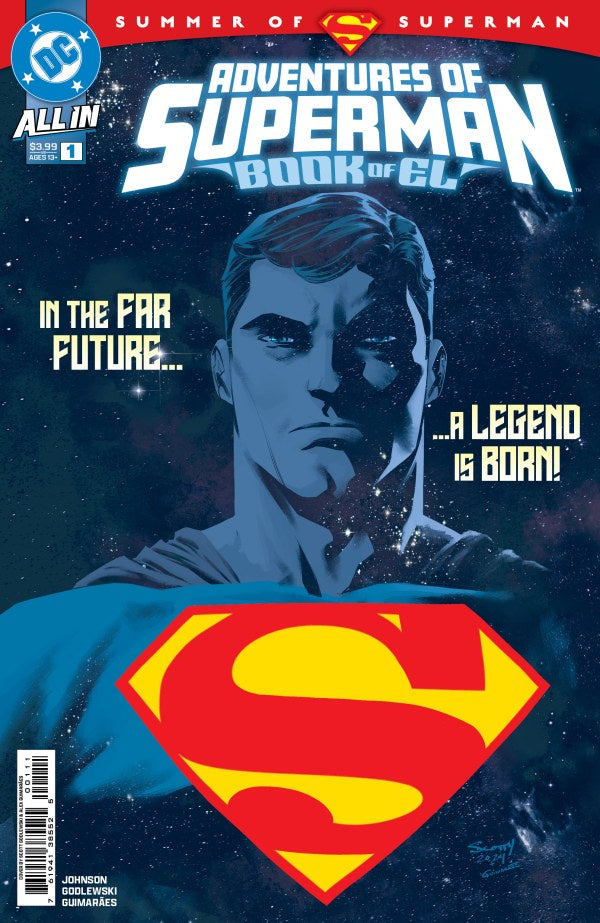 Comic book cover featuring Superman with text about a legend being born in the far future.
