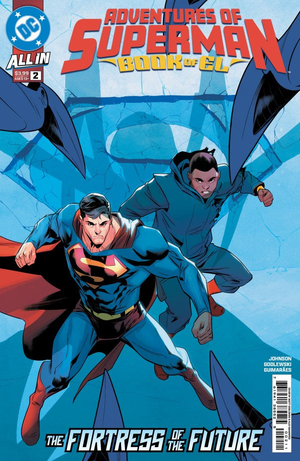Comic book cover featuring Superman and a superhero in flight with blue background