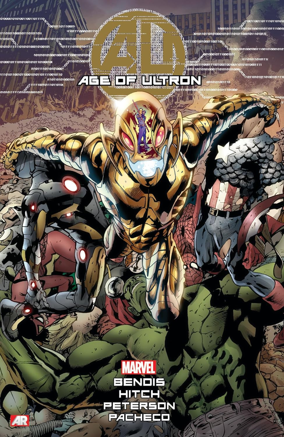 Comic book cover of 'Age of Ultron' featuring a superhero in gold and green armor.