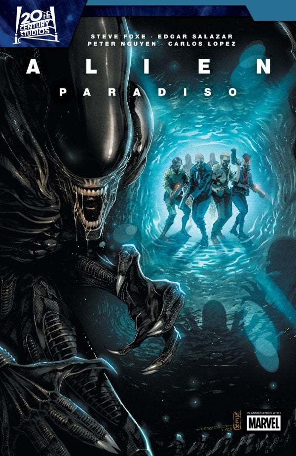 Comic book cover featuring an alien and a group of people in a tunnel with blue light.