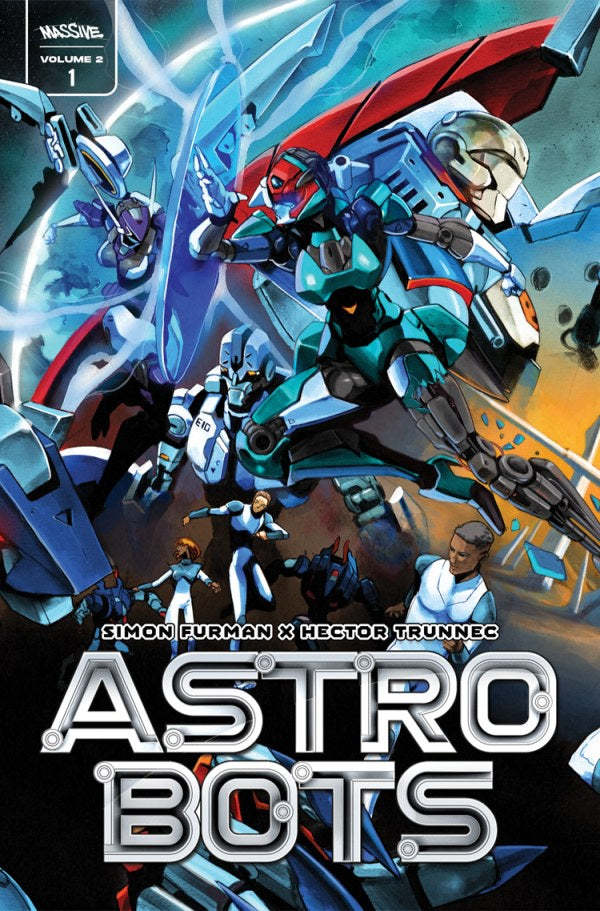 Cover of 'Astro-Bots' comic book with robot characters and dynamic background