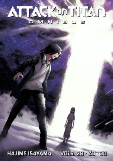 Comic book cover of 'Attack on Titan Omnibus' with two characters and a purple sky.