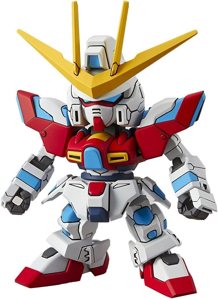 Robot model toy with red, white, and yellow colors on a white background