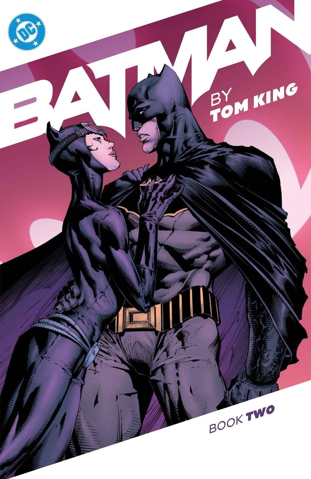 Comic book cover featuring Batman and Catwoman with a pink and purple gradient background.