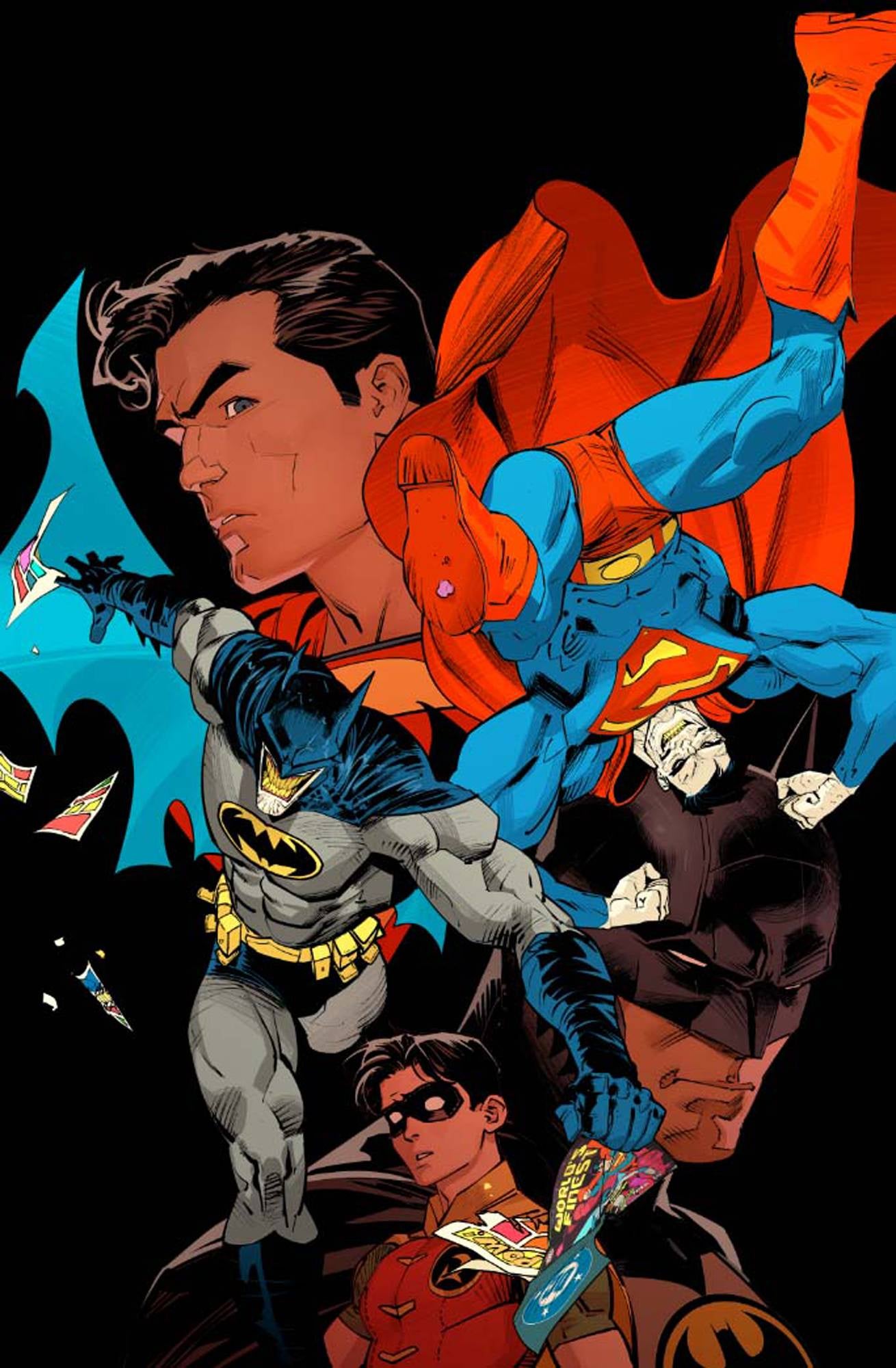Superman, Batman, and Robin in superhero poses against a black background