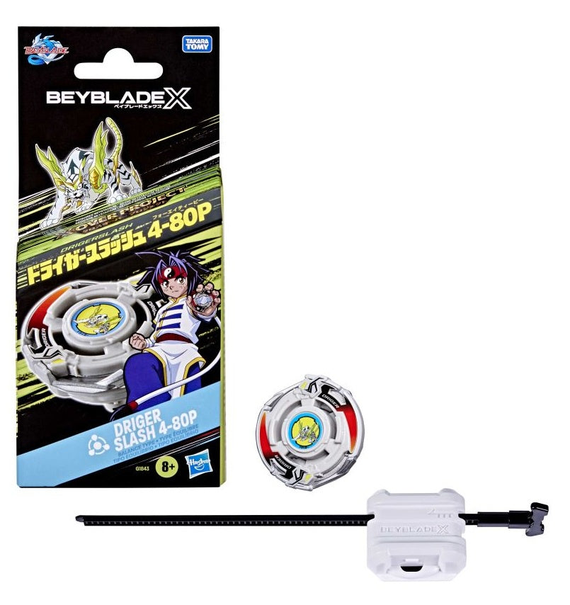 Beyblade with packaging and launcher on a white background
