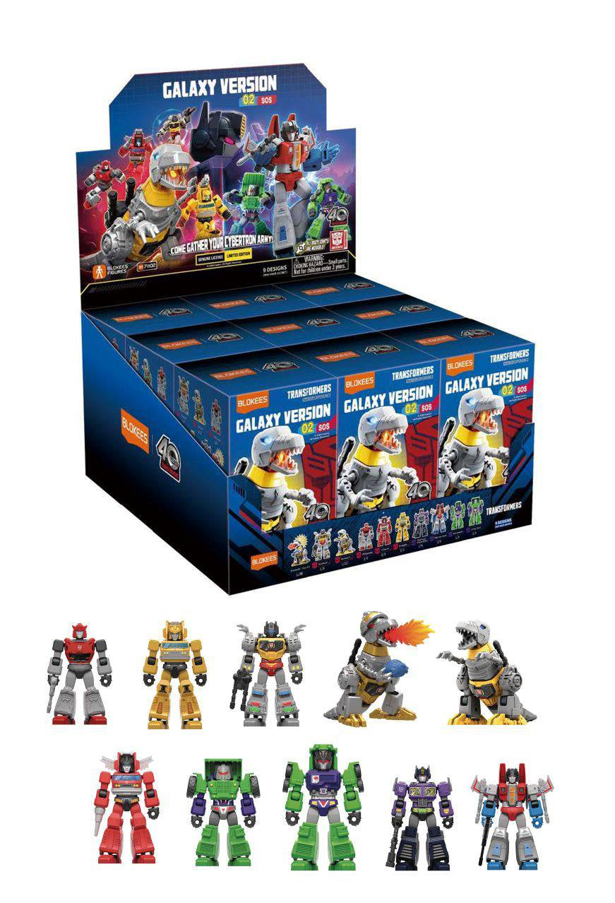 A collection of Transformers mini figures from the Blokees Galaxy Ver 2 series, displayed in front of their packaging which features the text 'Mystic Mech Transformations'. The figures include various characters in different colors and poses.