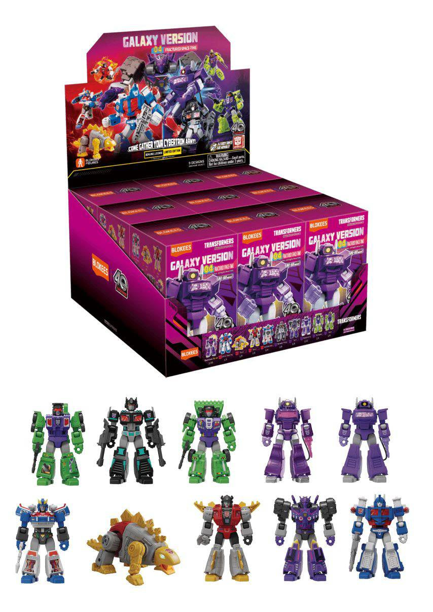 A collection of Transformers Galaxy Version 4 mini models in various colors, displayed in blind box packaging.