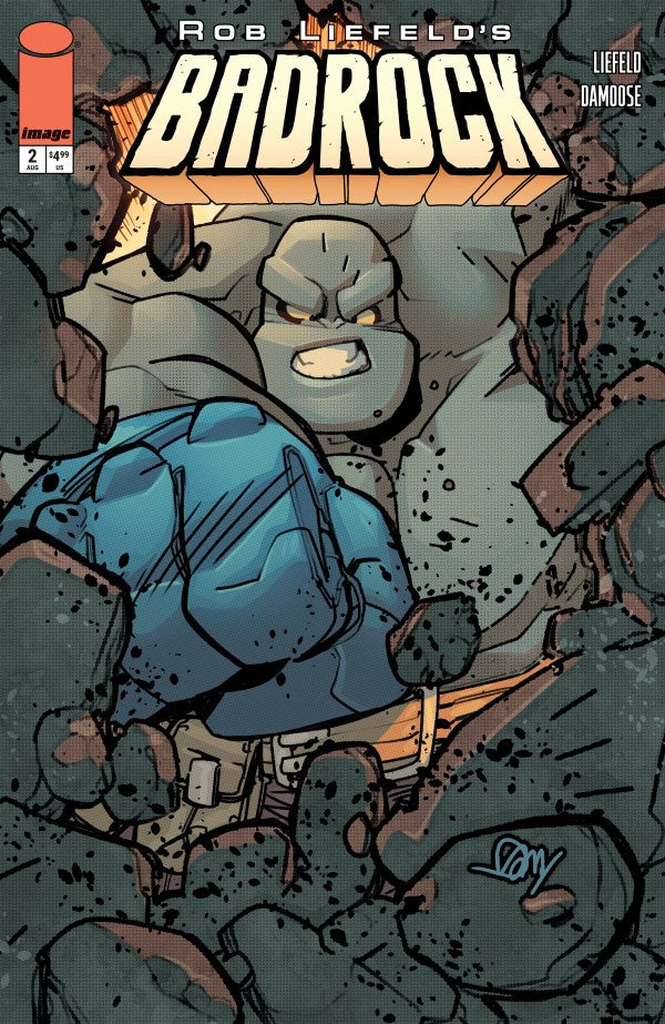 Comic book cover of 'Badrock' featuring a robot-like character amidst rubble.