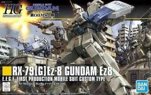 Model kit of RX-79(G)Ez-8 Gundam Ez8 with Bandai logo on a dark background