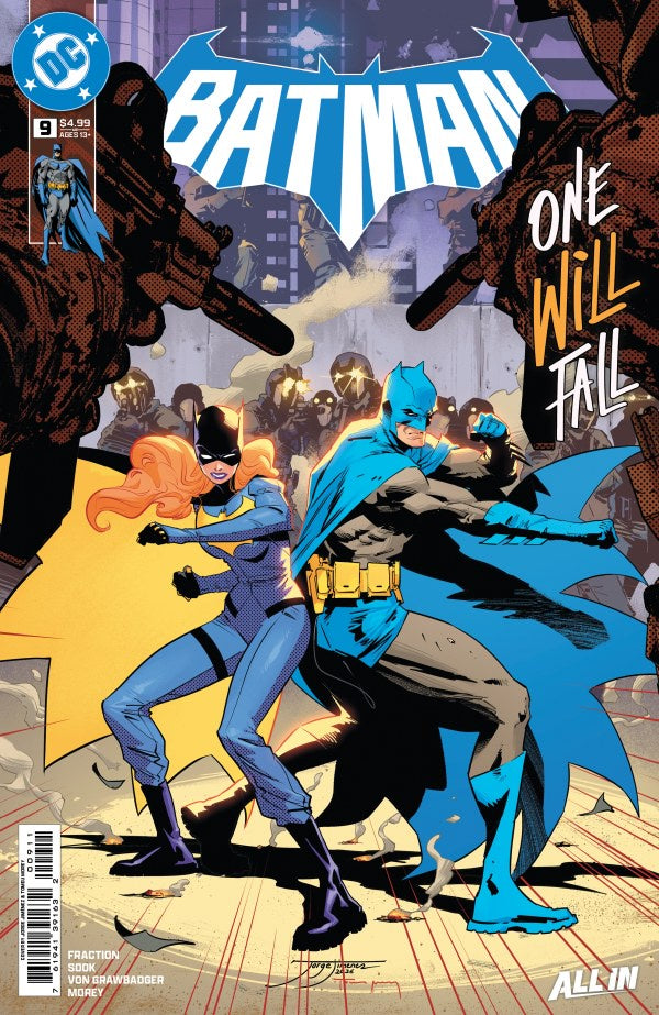 Comic book cover featuring Batman and Batgirl with a cityscape background