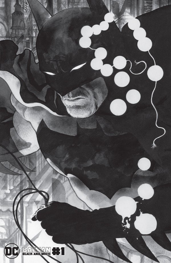 Black and white illustration of a masked superhero with balloons, DC Comics logo visible