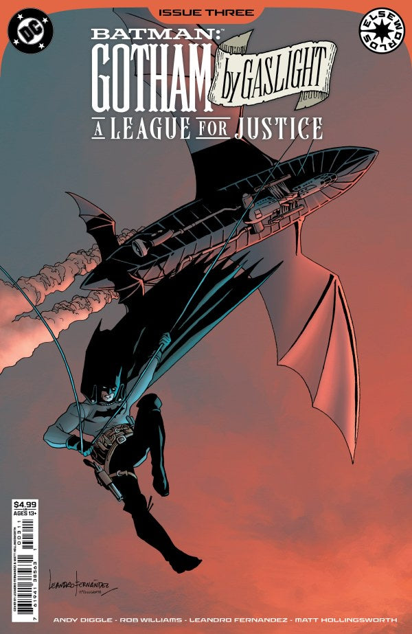 Comic book cover of Batman: Gotham by Gaslight featuring a silhouette of a character with wings against a sunset sky.