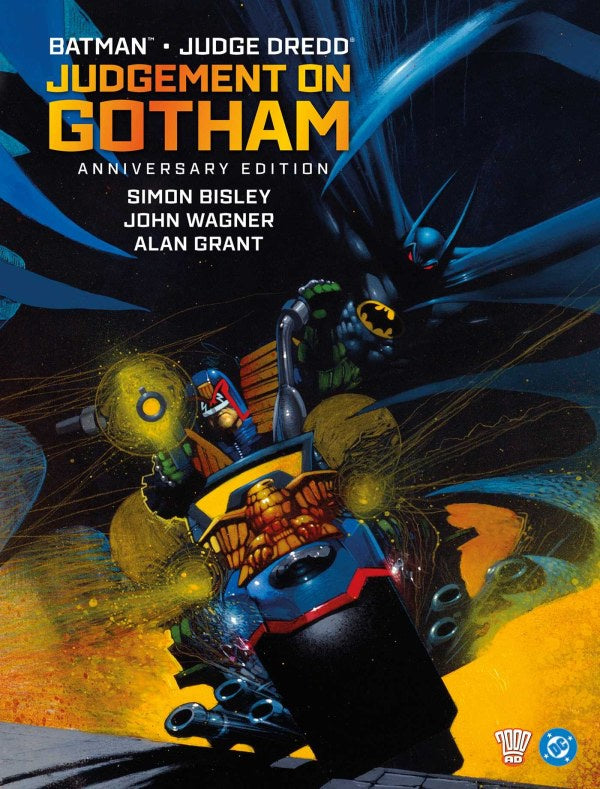 Book cover of 'Judgment on Gotham' featuring superhero and robot design.
