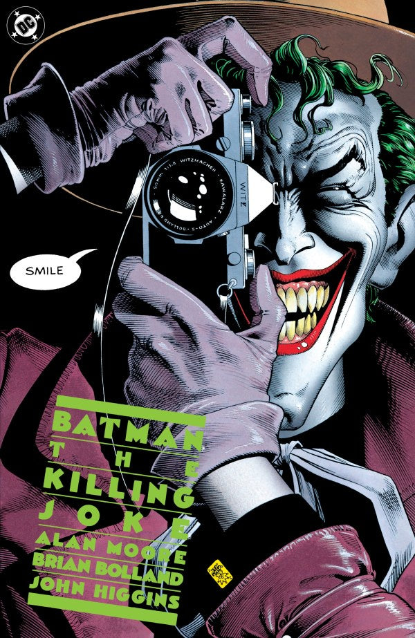 Comic book cover featuring The Joker holding a camera with text 'Batman: The Killing Joke' by Alan Moore.