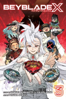Cover of 'Beyblade X' with characters and Beyblades on a red background