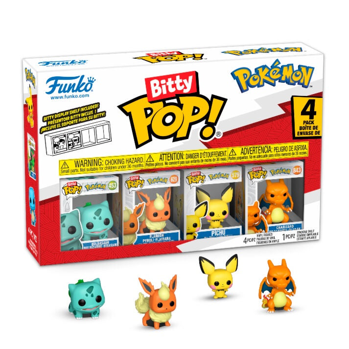 Funko Bitty Pop! Pokemon toy set packaging with four figures displayed in front.
