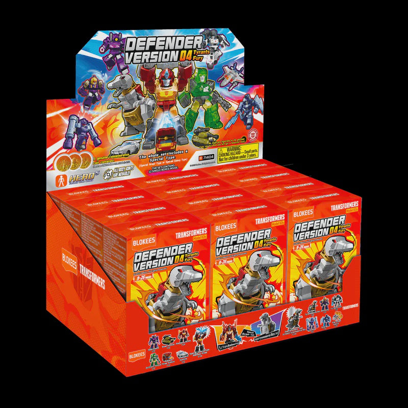 Box of 'Defender Version 04' toy figures with colorful packaging.
