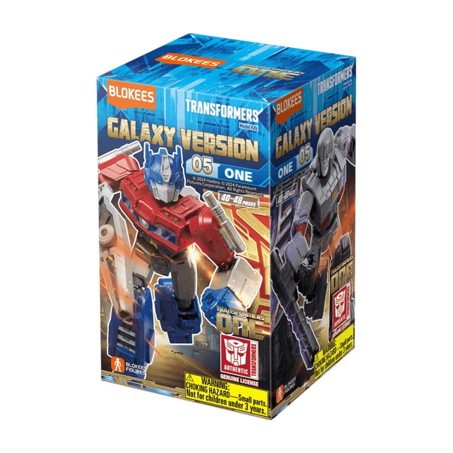 A blind box packaging for Blokees Transformers Galaxy Version 05, featuring iconic Transformers characters in their red and blue robot form.