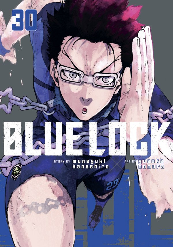 Manga book cover of 'Blue Lock' with a character in a blue outfit and chains.