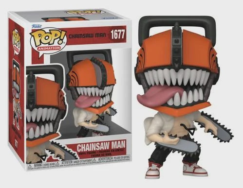 A figurine of the anime character Chainsaw Man from the Pop! Animation series, with an orange and black design, holding a chainsaw, displayed in its packaging.