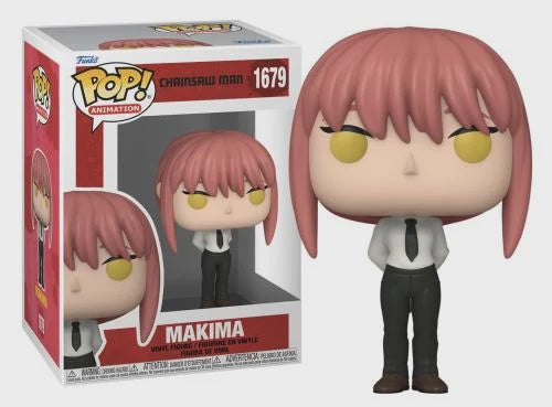 A Funko POP! figurine of Makima from Chainsaw Man, featuring her with pink hair and in a school uniform, standing in front of her packaging.