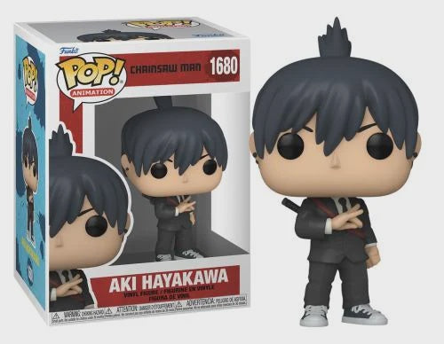A Funko POP! vinyl figurine of Aki Hayakawa from the anime Chainsaw Man, packaged in a window display box.