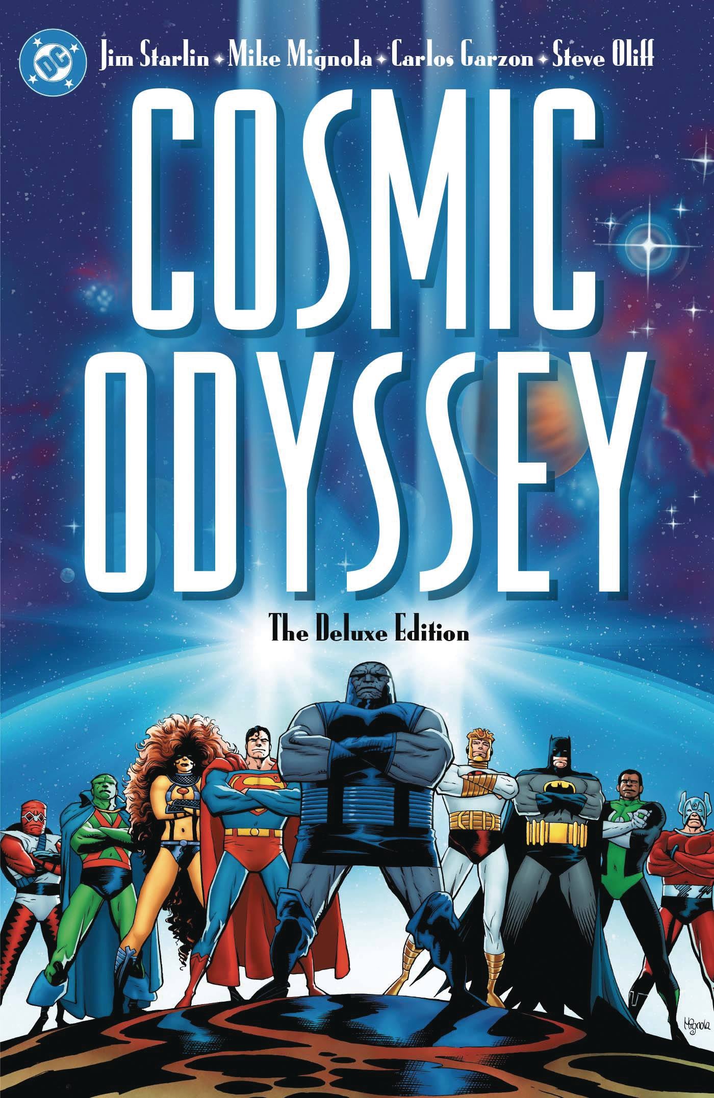 Book cover of 'Cosmic Odyssey' featuring superhero characters against a space-themed background.