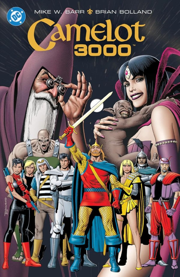 Comic book cover of 'Camelot 3000' featuring characters in colorful costumes against a dark background.
