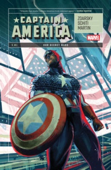 Comic book cover featuring Captain America with a shield, American flag in the background