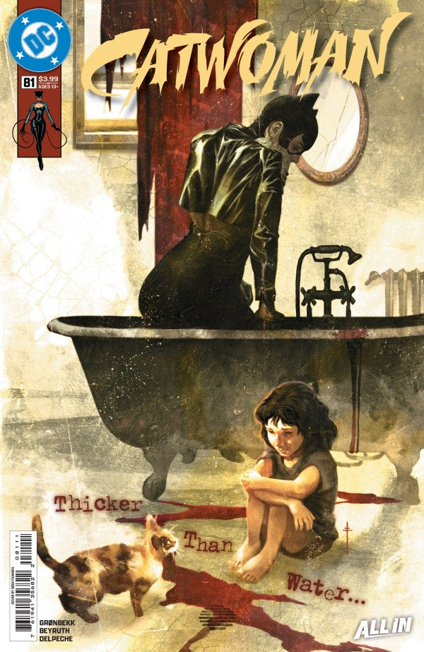 Comic book cover featuring a character by a bathtub with a cat, DC logo visible